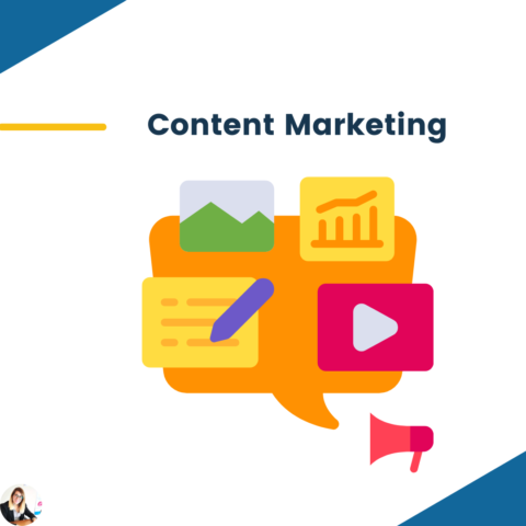 ll fumetto con varie icone semplifica il concetto di content marketing e content writing 