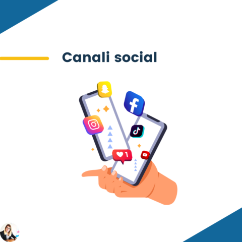 una mano che tiente due smarphone dai quali escono le icone di alcuni social, canali necessari da definire in una strategia social 